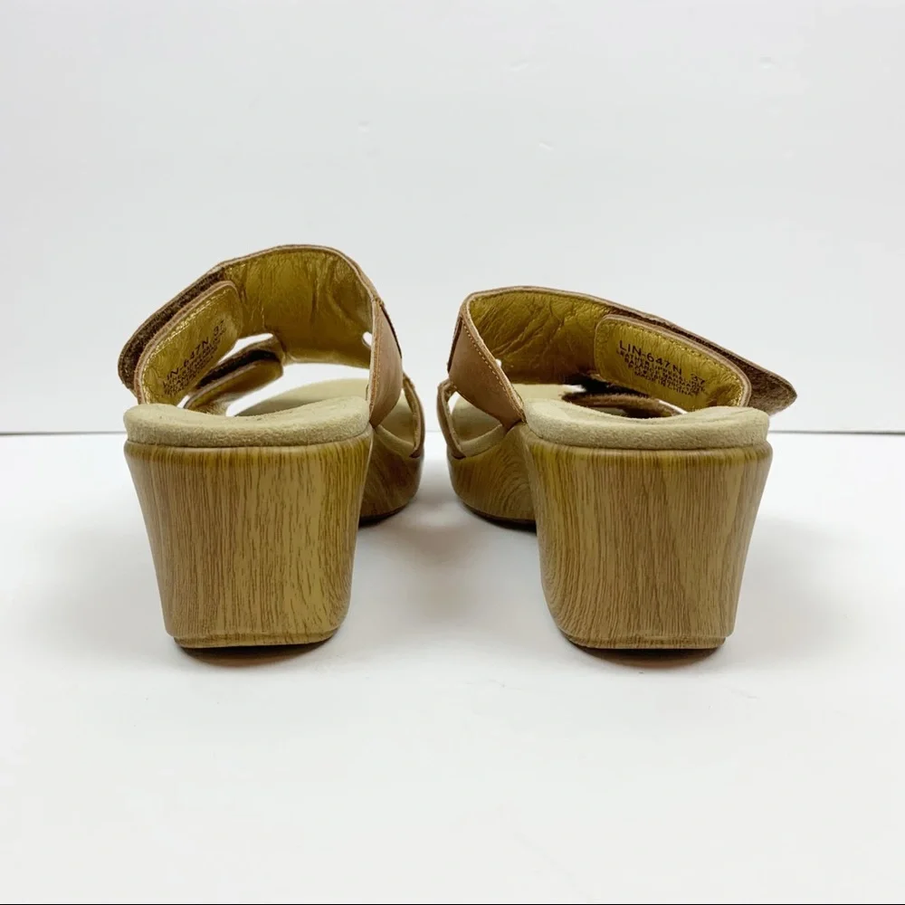 Alegria Linn Clog Floral Embroidered Tan Leather Wedge Sandals